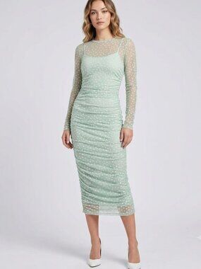 Mint Green Mesh Midi Dress Women's Ruched Long Sleeve Bodycon Dress XS